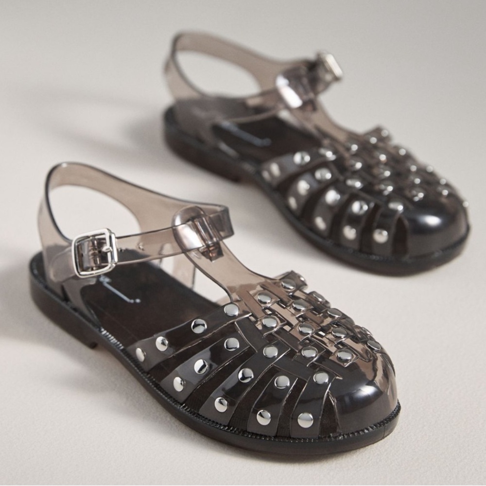 NWT Intentionally Blank Charcoal Brown Studded Jelly Fisherman Sandals Sz 37